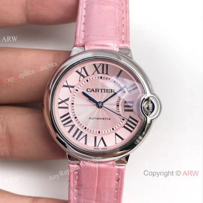 Swiss Replica Cartier Ballon Bleu Auto Watch Pink Leather Strap 36mm